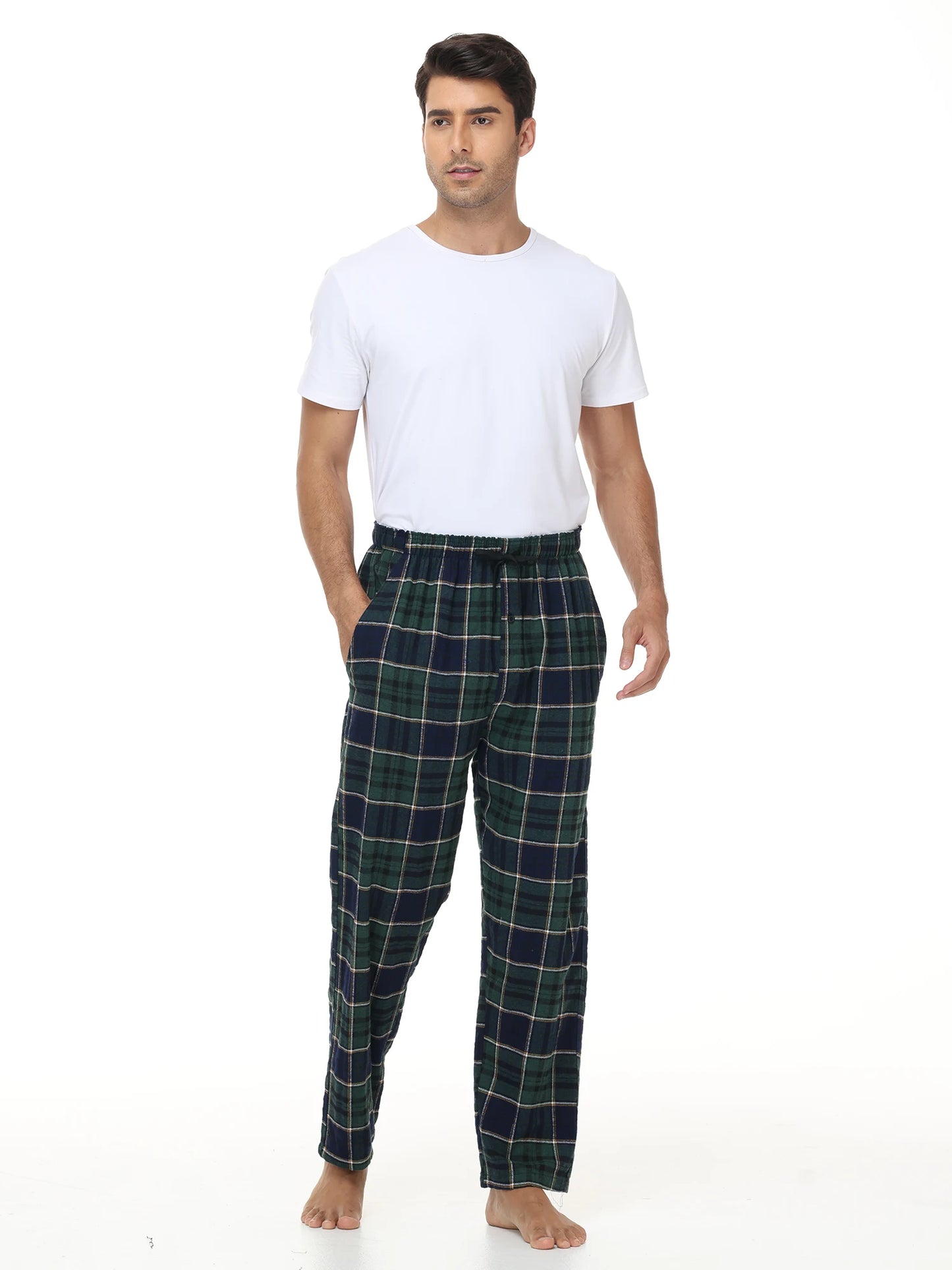 Pyjama Homme 3 Pièces Coton Carreaux, Pantalon de Pyjama Long Carreaux avec Taille Élastique pour Homme