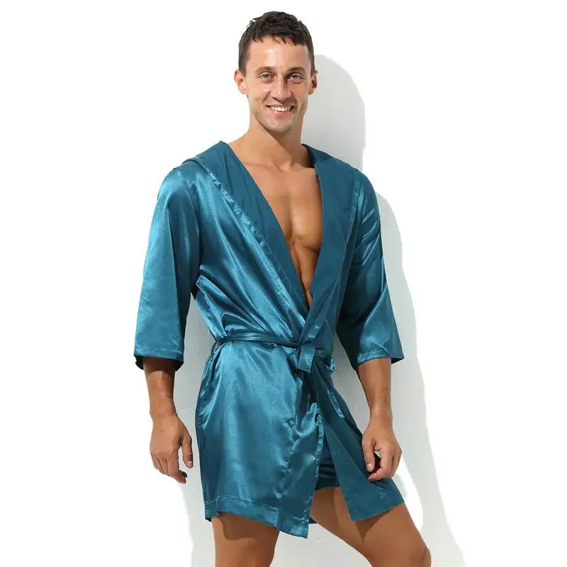 Sexy Nachtwäsche Herren Bademäntel Weich Seidig Kurzarm-Nachthemd Herren Hauskleidung Morgenmantel Herren Schlafanzug (Ohne Shorts)