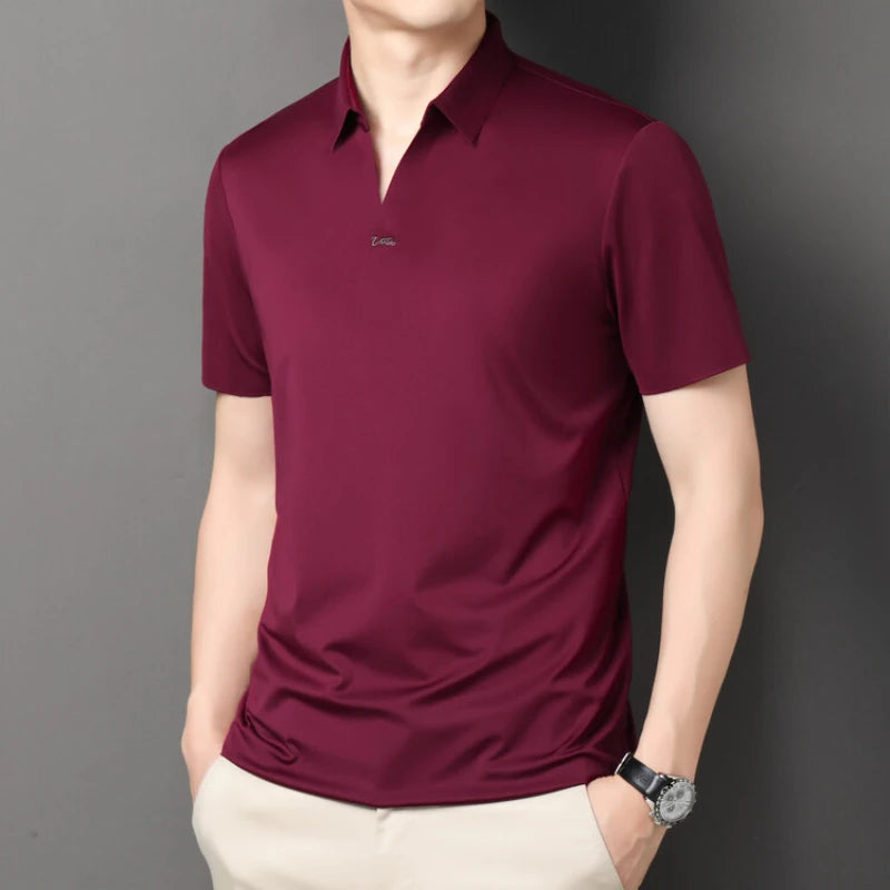 Polo 2024 de haute qualité, extensible et élastique, Chemise à manches courtes pour hommes, style décontracté, Col en V sans coutures, Polo pour hommes M-4XL