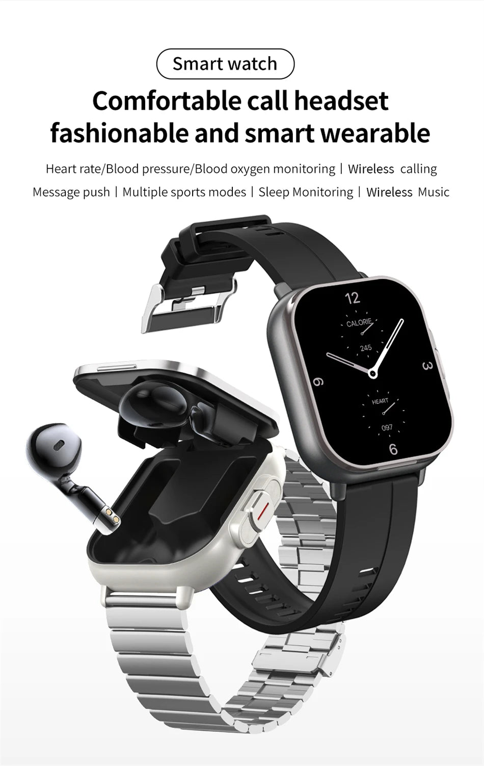 Montre connectée TWS 2 en 1 avec écouteurs, montre de sport, oreillette Bluetooth, montre d'appel, moniteur de santé pour hommes, NFC, montre intelligente pour femmes, écouteurs