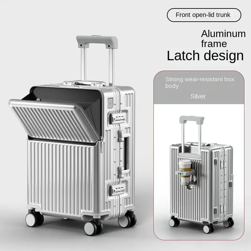 Neuer Koffer Aluminiumrahmen Frontöffnung Laptoptasche Multifunktionale Reisekoffer 20 Zoll Kabinengepäck Rollkoffer