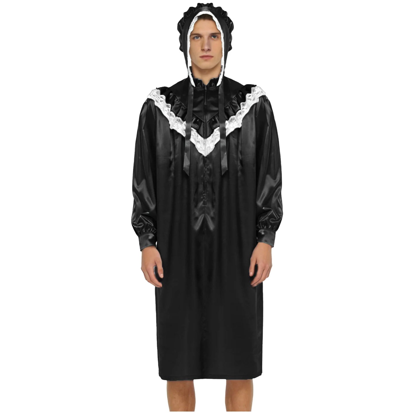 Pyjama homme à volants et dentelle, nuisette victorienne Sissy avec chapeau, robe de nuit satinée à manches longues et fermeture éclair sur le devant