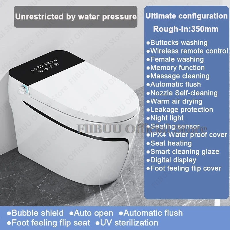 Einteilige, längliche Smart-Toilette mit Bidet, eingebautem Wassertank, wasserdruckunabhängig, Display, AutoOpen, AutoFlush, beheizbarer Sitz