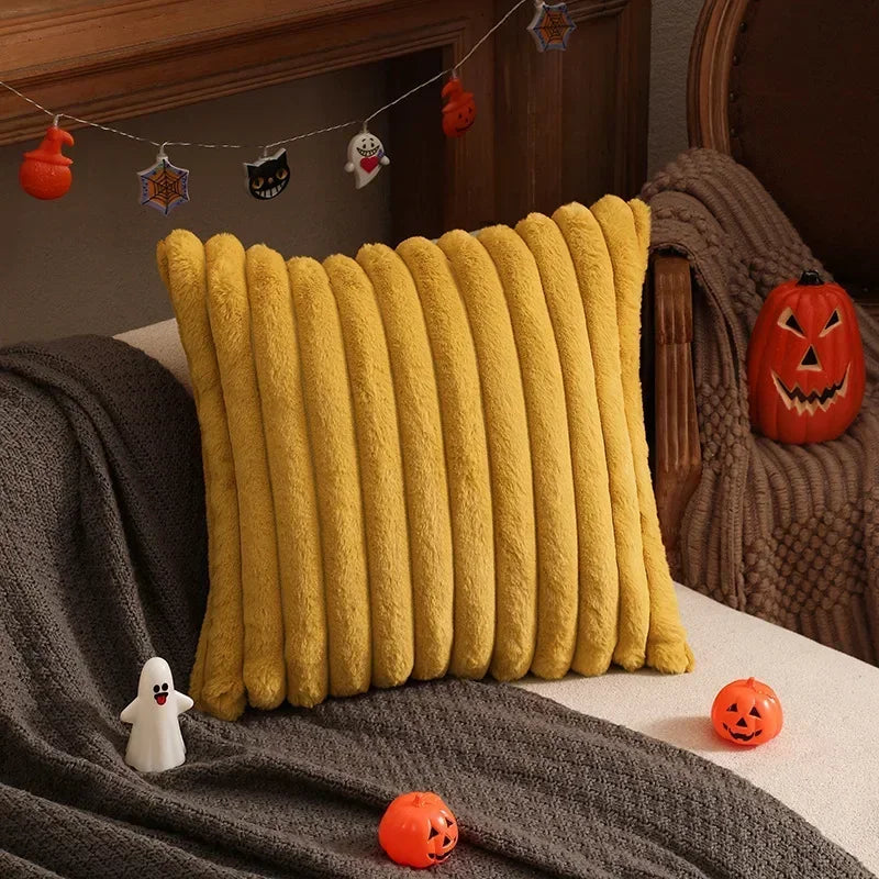 Housse de coussin en fausse fourrure de lapin, housse de coussin moelleuse et douce à rayures, oreillers décoratifs, décoration de luxe pour canapé
