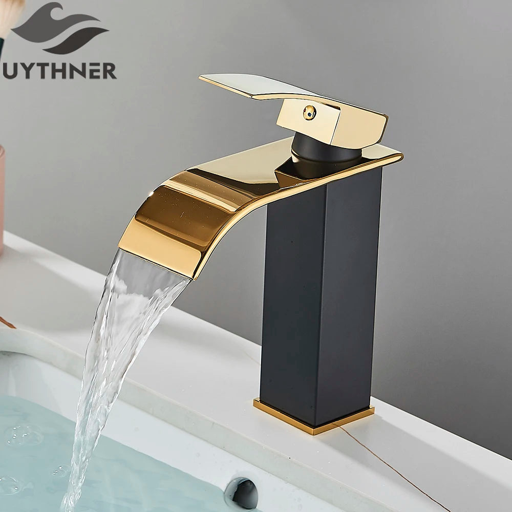 Robinet de Lavabo Doré Brossé, Élégant Robinet Cascade pour Salle de Bain, Mitigeur Monocommande en Laiton à Fixation sur Plan