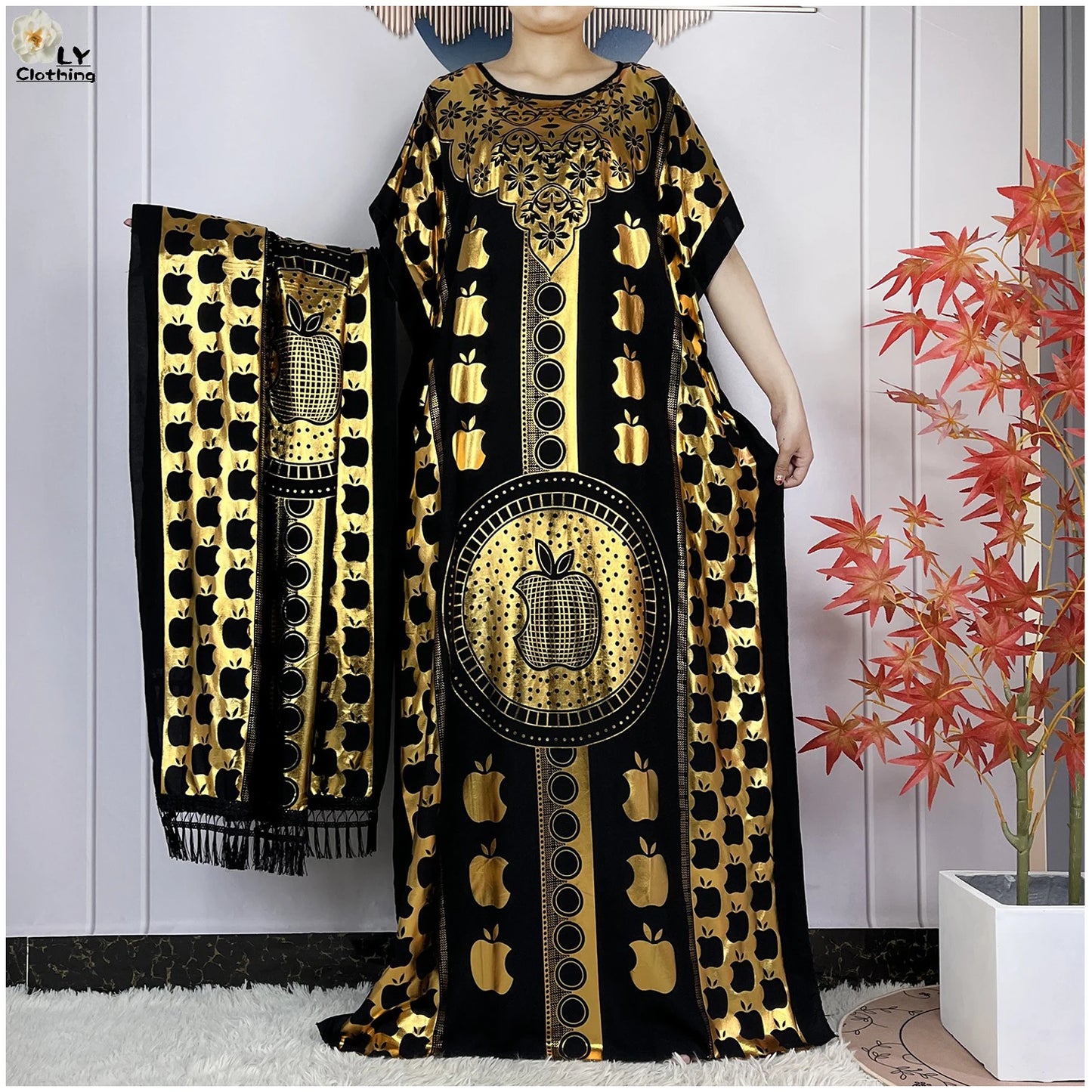 Neues Sommer-Kurzarm-Kleid aus Baumwolle für Damen mit großem Schal Goldprägung Boubou Maxi Islam Damen Afrikanische Abaya Kleidung