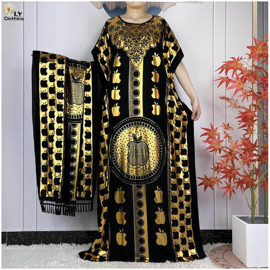 Neues Sommer-Kurzarm-Kleid aus Baumwolle für Damen mit großem Schal Goldprägung Boubou Maxi Islam Damen Afrikanische Abaya Kleidung