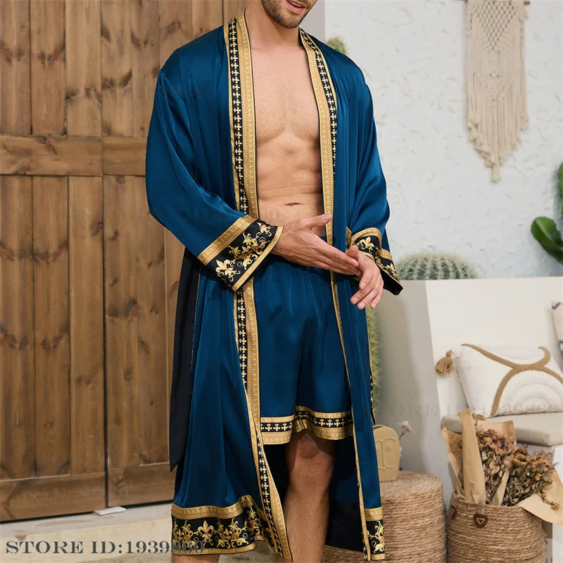 Frühling Sommer Neu Herren Schlafanzug 2-teiliges Roben-Shorts-Set Barockstil Seidensatin Kimono Bademantel Nachthemd Lose Homewear Loungewear