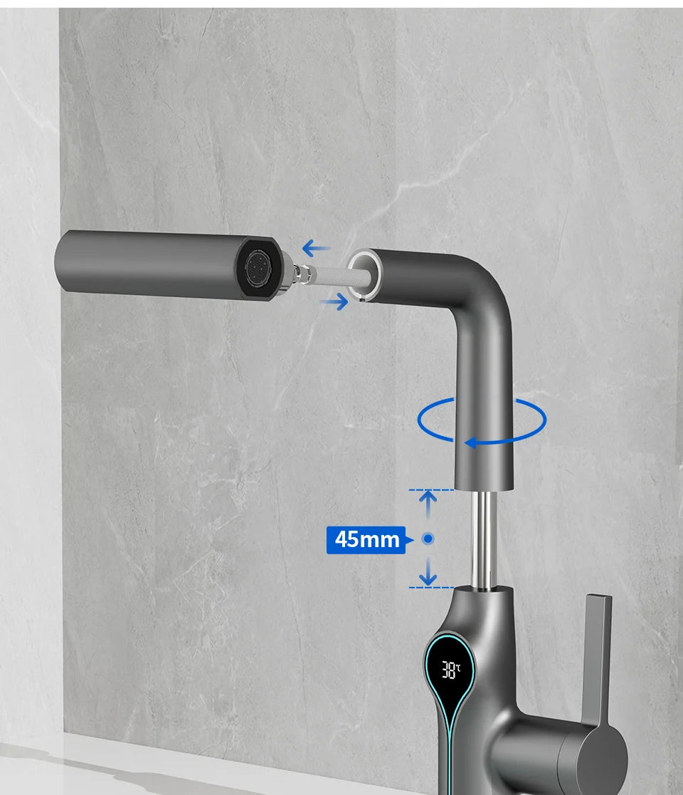 Robinet de lavabo numérique avec affichage de la température Cascade, pulvérisateur à jet relevable haut et bas, mélangeur chaud/froid pour salle de bain
