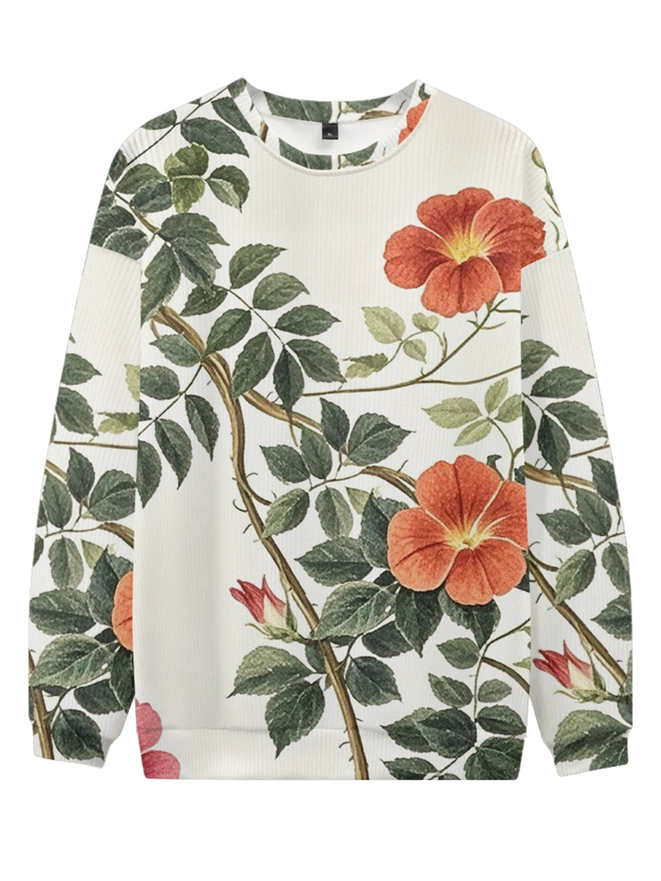 Lebhaftes weißes Rundhals-Sweatshirt mit Blumendruck, vollflächigem botanischen Design mit bunten Blüten und Blättern, lässige Frühlingsmode für Paare