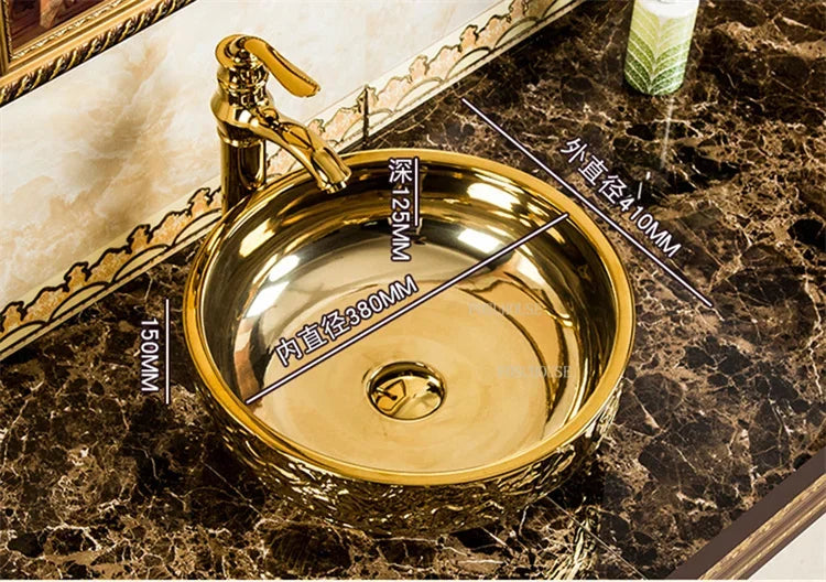 A17 Éviers de Salle de Bain de Luxe Dorés Céramique Maison Lavabo Créatif Toilettes Rondes Au-dessus du Comptoir Simple Salle de Bain Accesoire