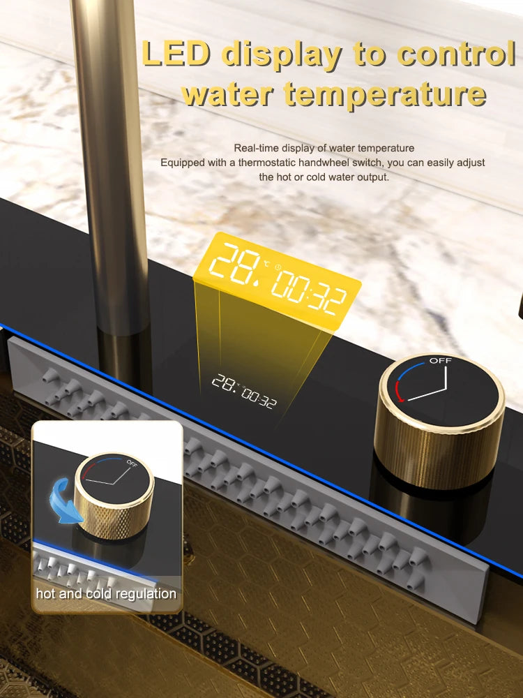 Goldfarbene Edelstahl-Küchenspüle mit Wasserfallauslauf, großes Einzelbecken, Digitalanzeige, Spül- und Gemüsebecken