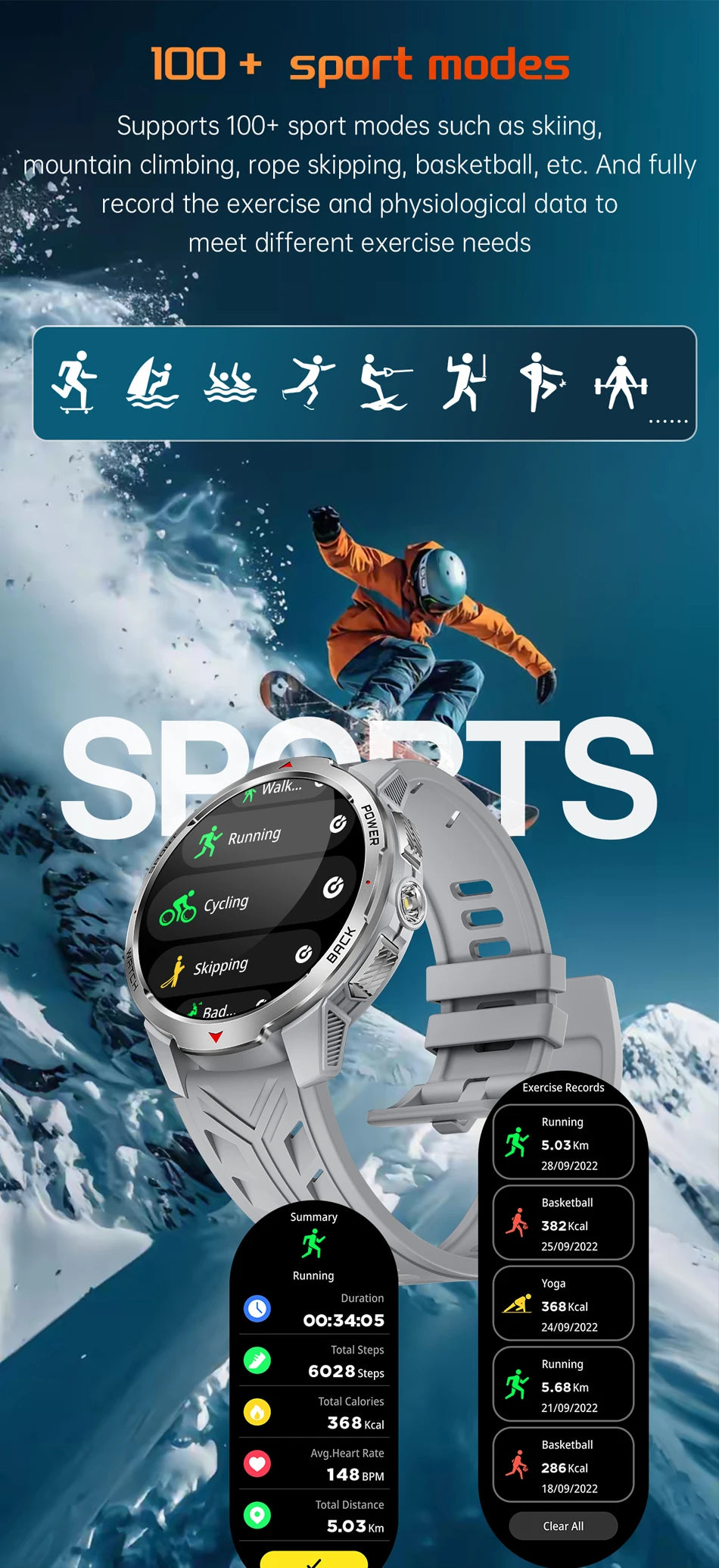 1100mAh Military Outdoor Smart Watch Men 1.7-inch Large Display Compass Sports Watch IP68 Waterproof Bluetooth Call Smartwatch