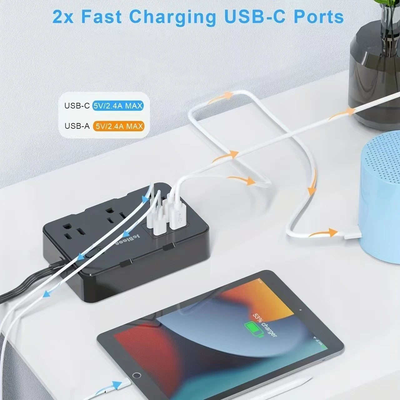 Ultraflaches Flachstecker-Verlängerungskabel mit 4 USB-Anschlüssen (2 USB C), 1,5 m Überspannungsschutz-Steckdosenleiste, 6 weit auseinander liegende Steckdosen