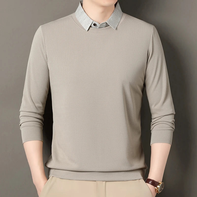 Nouveau polo faux deux pièces pour homme 2025, décontracté, à la mode, à manches longues, col t-shirt, haut polyvalent