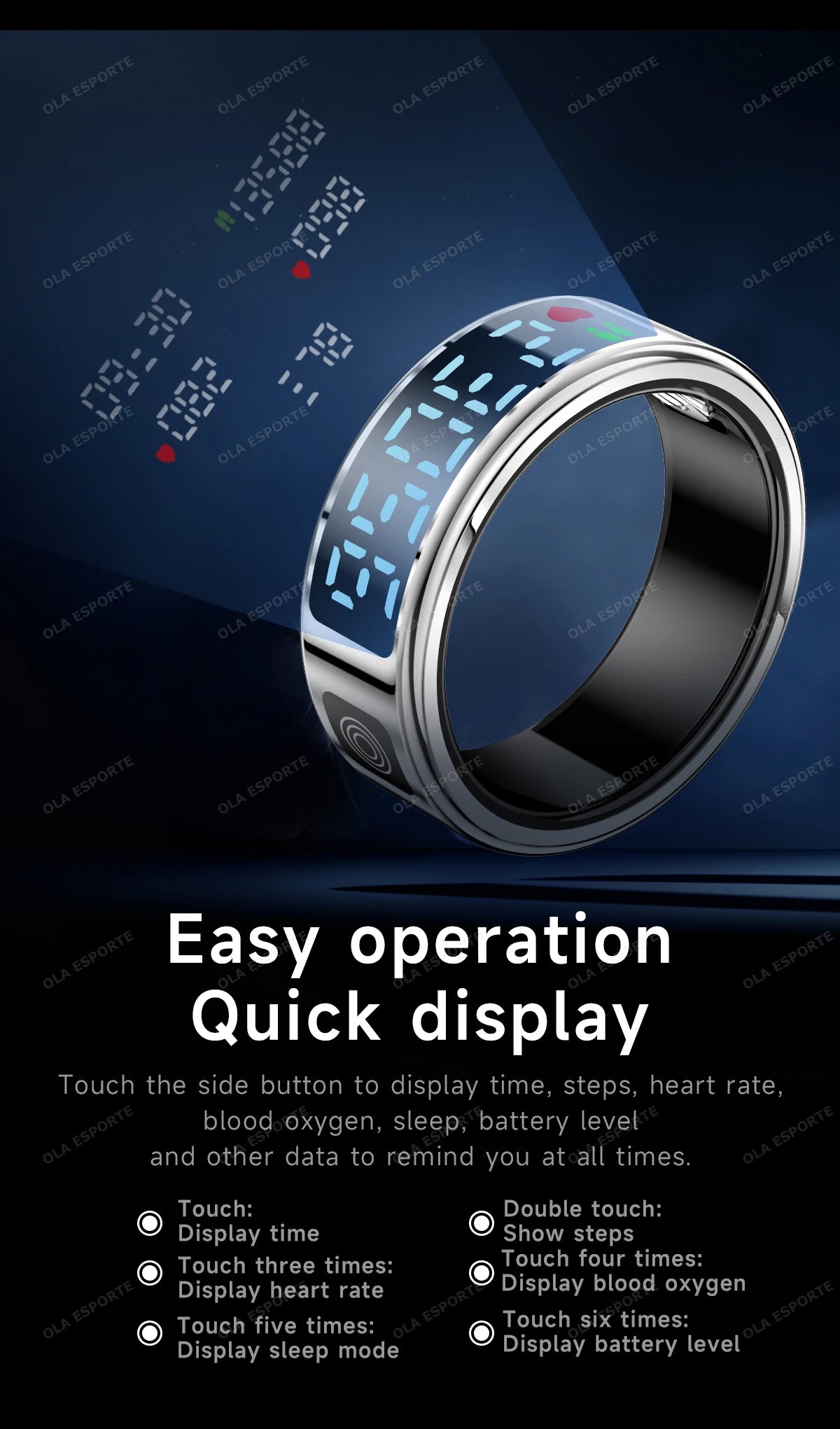 New LED Display Screen Smart Ring 5ATM Waterproof Heart Rate Sleep Multi Function Fitness Sports Rings Pedometer Men's women's