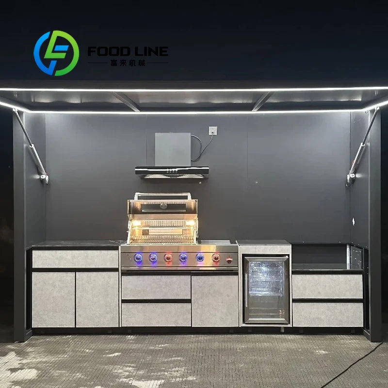 All in One Customizable Modern Premium Powder Coated Rust-Proof & Wind-Resistant Outdoor BBQ Station with Fridge & Sink