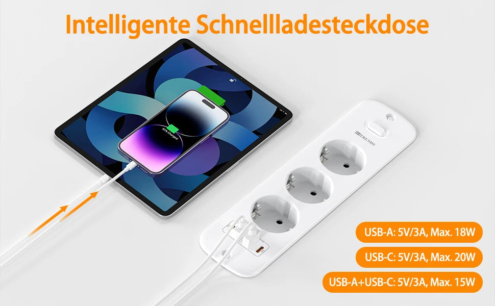 EU-Steckdosenleiste für den Schreibtisch, 3/4-fach + 4 USB-Smart-Schnellladeports, Hauptschalter, 2 Meter Feder-Verlängerungskabel