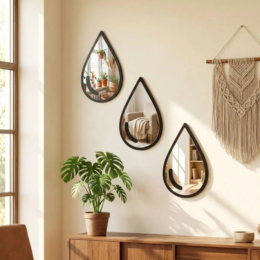 3 Pcs Autocollants Muraux Miroir Acrylique Autocollants Muraux Imperméables en Forme de Goutte d'Eau Miroir Cadre Noir Minimaliste