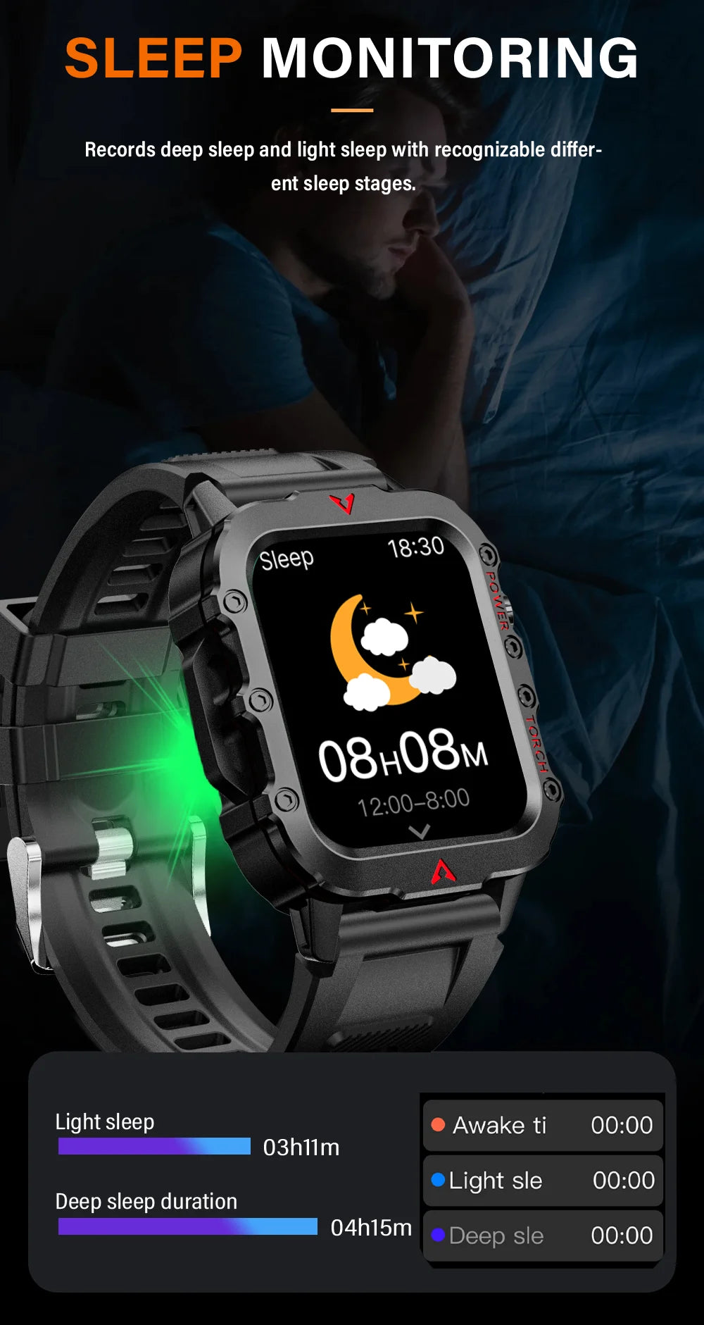 LAXASFIT Nouvelle montre intelligente pour homme Lampe de poche LED Montre intelligente de sport en plein air Surveillance de la santé Montre intelligente