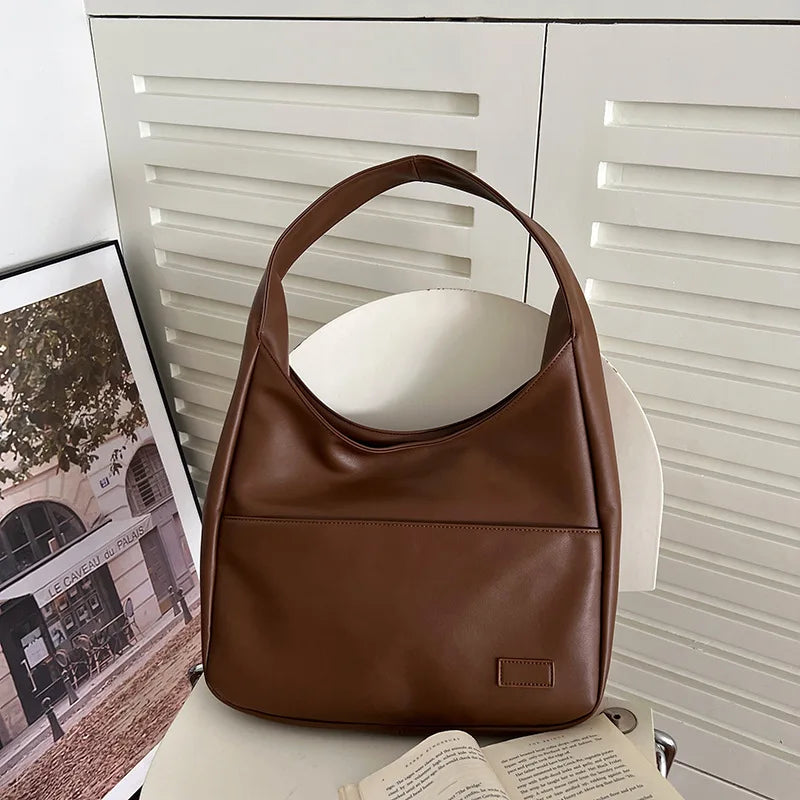 Women Hobo Bag Simple PU Leather Solid Shoulder Bag 2023 Fashion Large Capacity Handbag For School Work