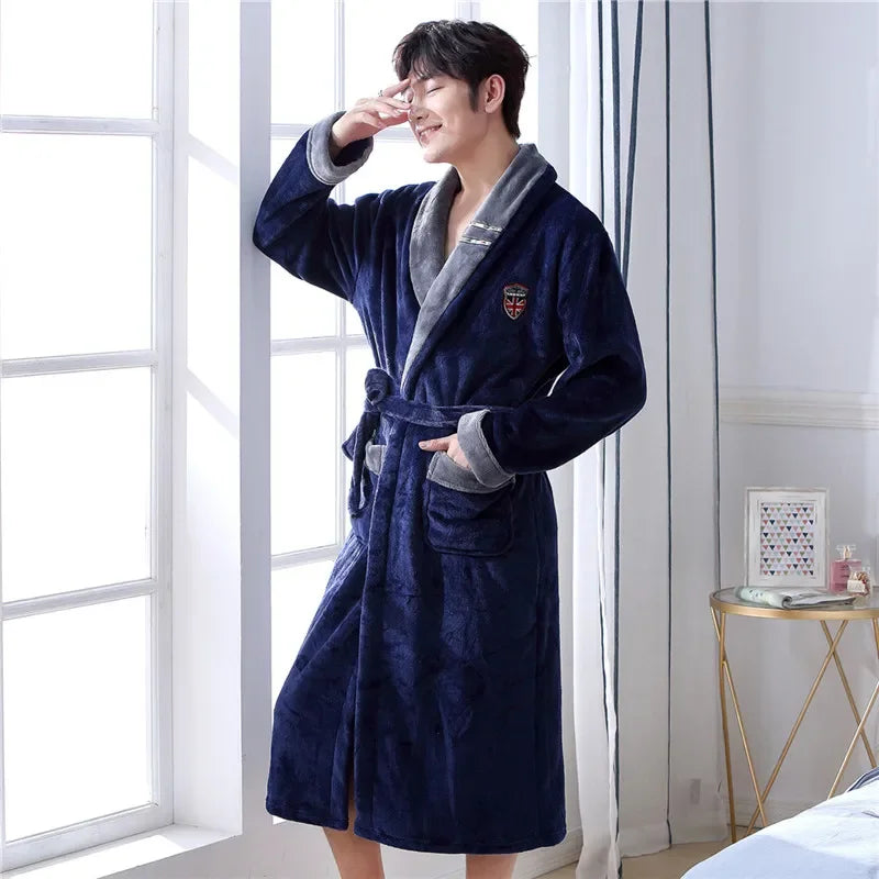 Peignoir Homme Polaire Épais Chaud Coral Fleece Flanelle Vêtement de Nuit Robe de Chambre Lingerie D'intérieur Vêtement D'intérieur Ample Peignoir