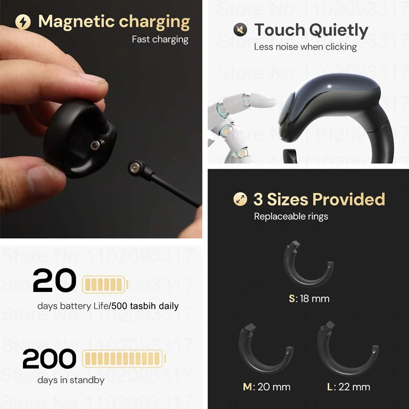 Weslamic Tasbeeh Zikr Ring, 3 Größen verfügbar, Smart Islamischer Zählzähler Digital für muslimisches Gebet, Erinnerung, magnetisches Laden
