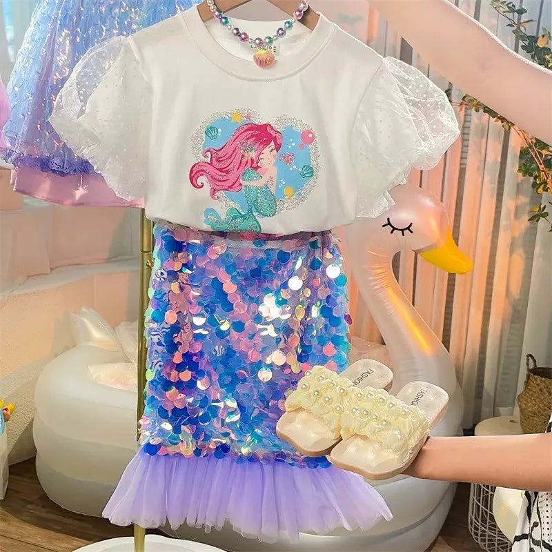 2025 Neues Mädchen-T-Shirt Kurzarm Frühling/Sommer Kinderkleidung Neuer Stil Super Western Glitzer-Fischschwanzrock