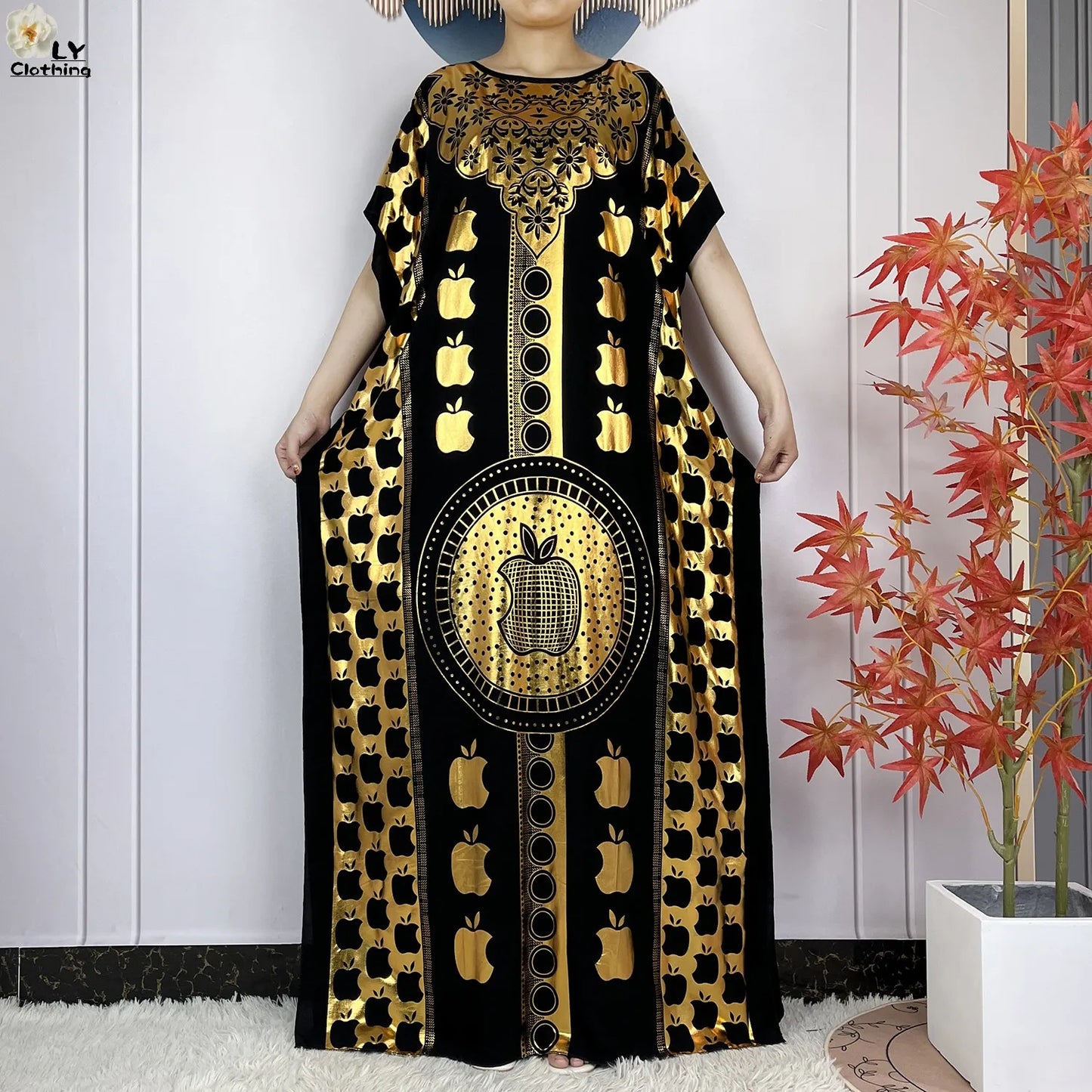 Neues Sommer-Kurzarm-Kleid aus Baumwolle für Damen mit großem Schal Goldprägung Boubou Maxi Islam Damen Afrikanische Abaya Kleidung