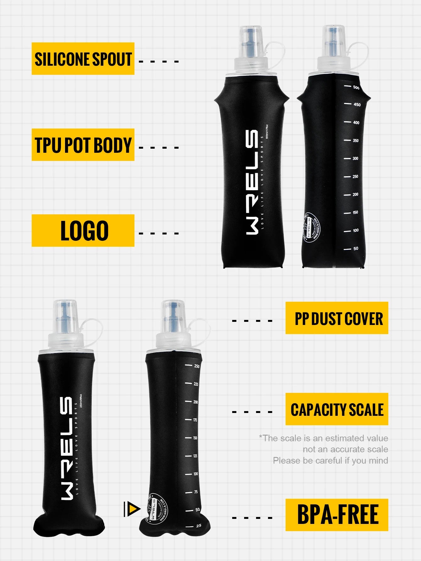 WRELS Trinkflasche TPU Faltbare Soft Flask Outdoor Sport Wasserbeutel Faltbare Trinkflasche 500ml für Laufen Camping BPA-frei