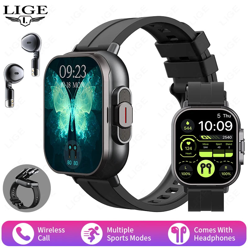 Montre connectée TWS 2 en 1 avec écouteurs, montre de sport, oreillette Bluetooth, montre d'appel, moniteur de santé pour hommes, NFC, montre intelligente pour femmes, écouteurs