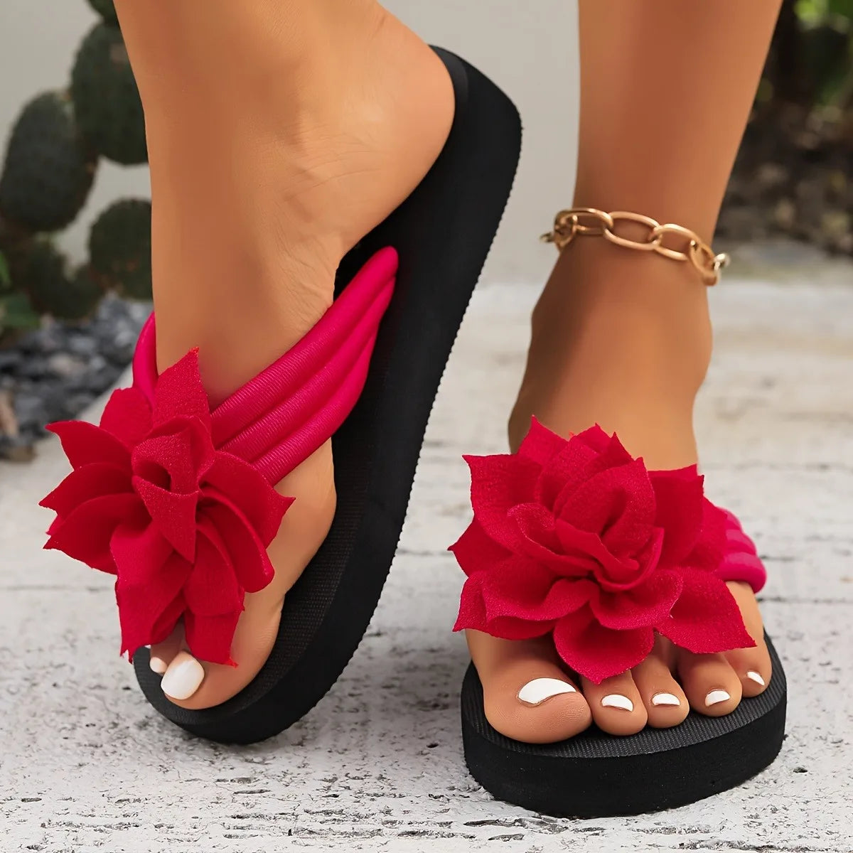 Damen geblümte Flip-Flops Slip-On Urlaub Stil Mittelhohe Absatz Sandalen Stoff Obermaterial EVA Sohle Innensohle Einfarbig Sommer Freizeit Schuhe