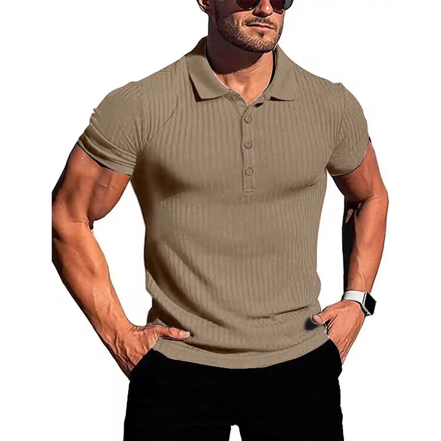 Herren Lauf-Sport-Fitnessbekleidung Sommer hochelastisches, vertikales Kurzarm-Polo-Shirt schlankes Strick-Basis-Shirt