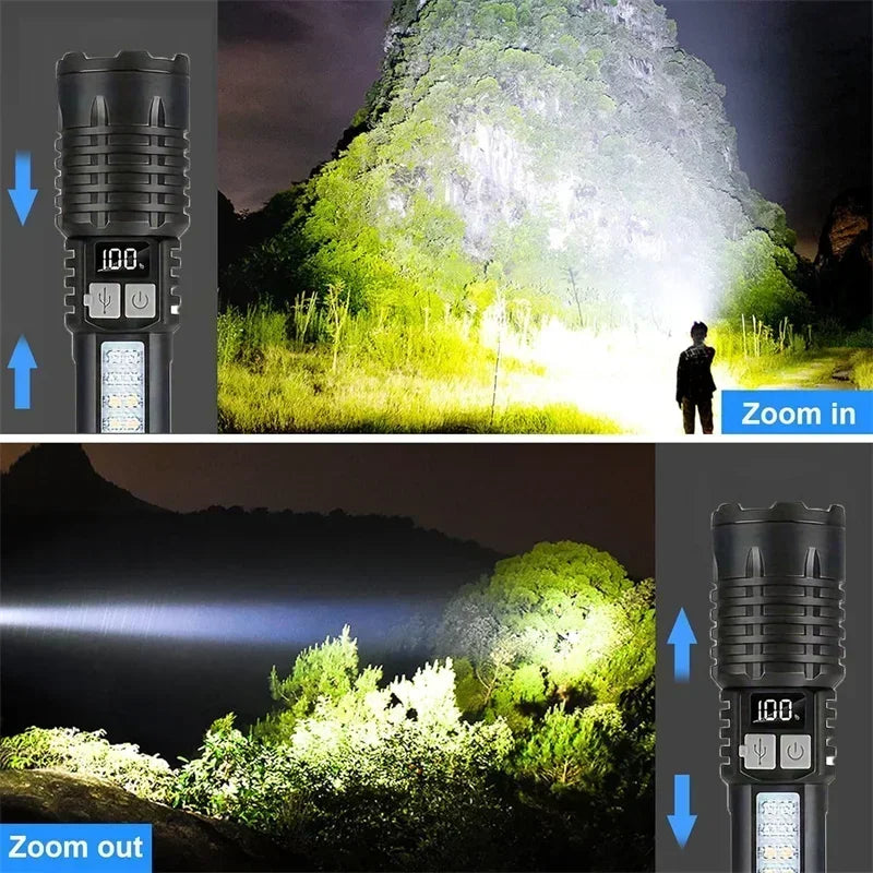 Powerful LED Flashlight Type C Rechargeable Waterproof Torch with Side Light 5 Modes Zoomable Lamp for Camping Fishing Lantern