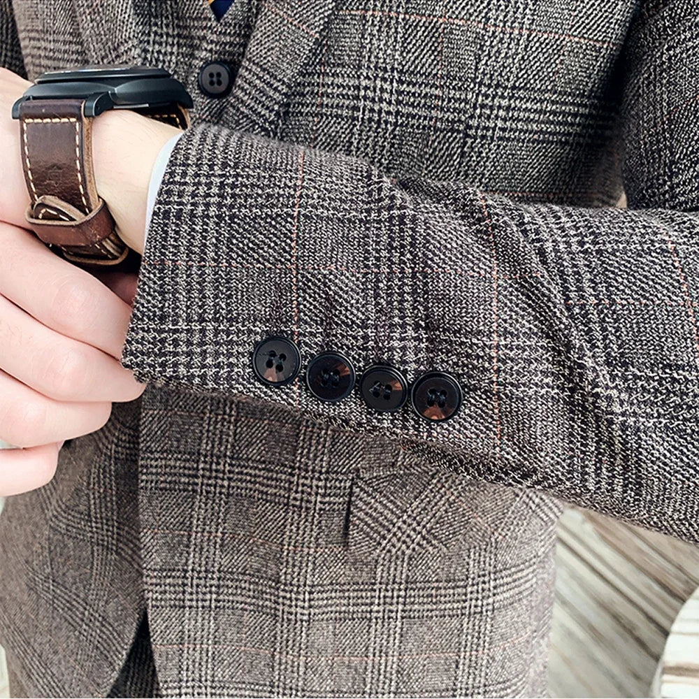 S-7XL (Jacke+Weste+Hose) Mode-Boutique Gitter Anzug Formeller Business Herren Anzug 3-teiliges Set Bräutigam Hochzeitskleid Karierter Anzug Showbühne