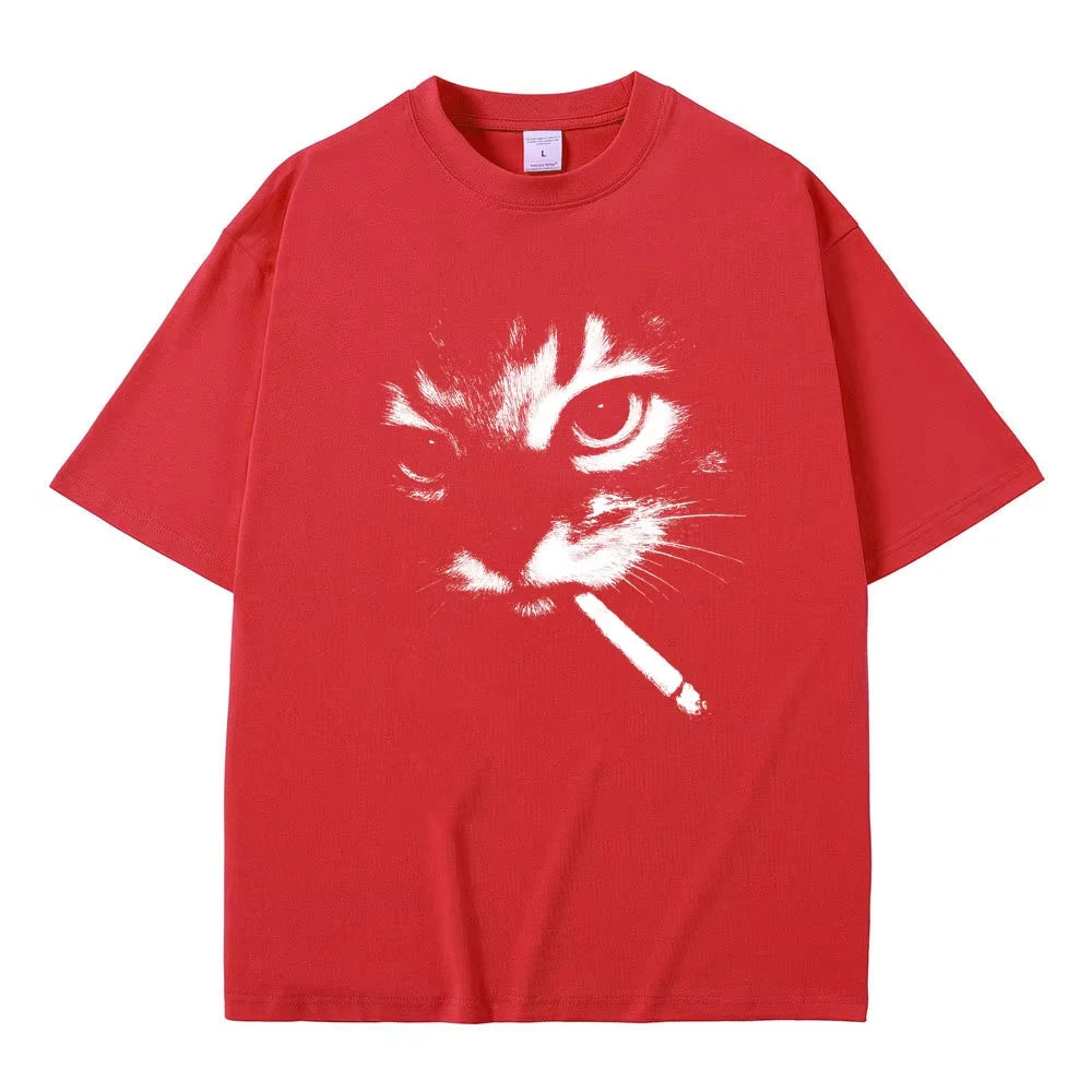 Funny Meme Smoking Cat Face Graphic T-shirts Men Women Casual Cotton Vintage T Shirts Men's Oversized T-shirts Cats Lovers Gifts