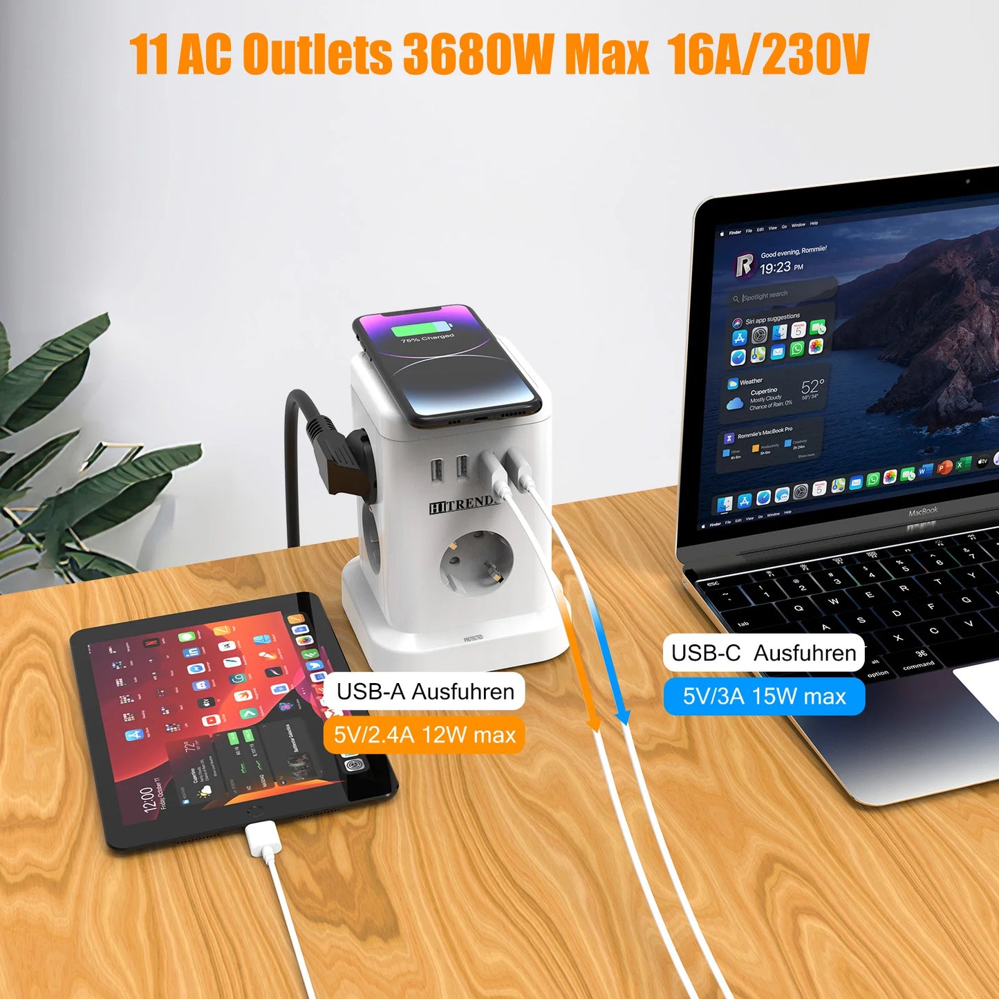 15-in-1 intelligente Steckdosenleiste kabelloses Schnellladen 3680W 3USB-A und 1USB-C 2 Meter Verlängerungskabel Hauptschalter
