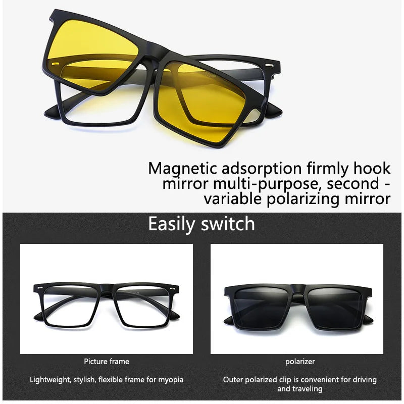 6 In 1 Polarized Sunglasses Men Women Magnetic Clip On Glasses TR90 Optical Prescription Eyeglass Frames Magnet Clips