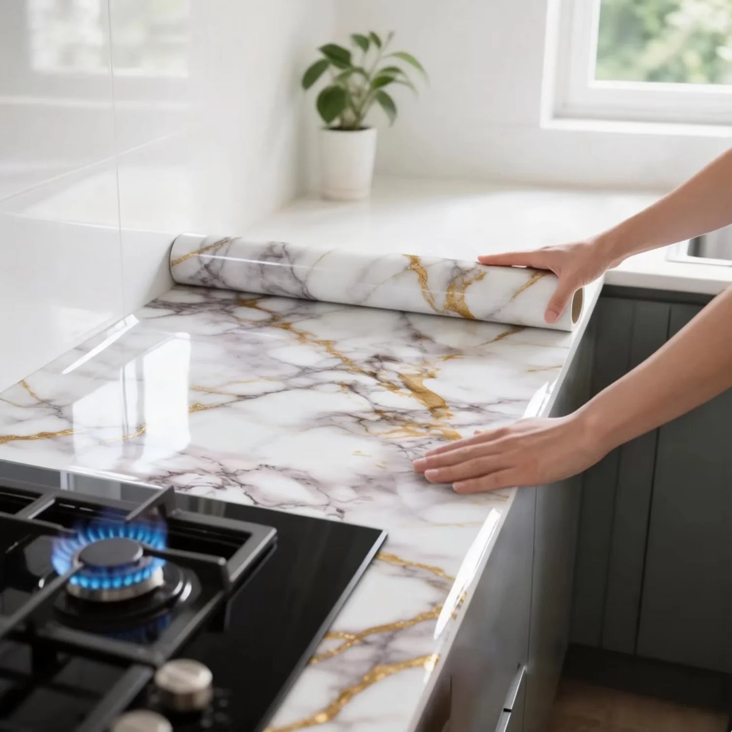 Papier Adhésif Marbre Rose Brillant Auto-Adhésif Comptoir de Cuisine Papier Peint Granit Imperméable Anti-Huile Autocollant pour Décoration d'Intérieur