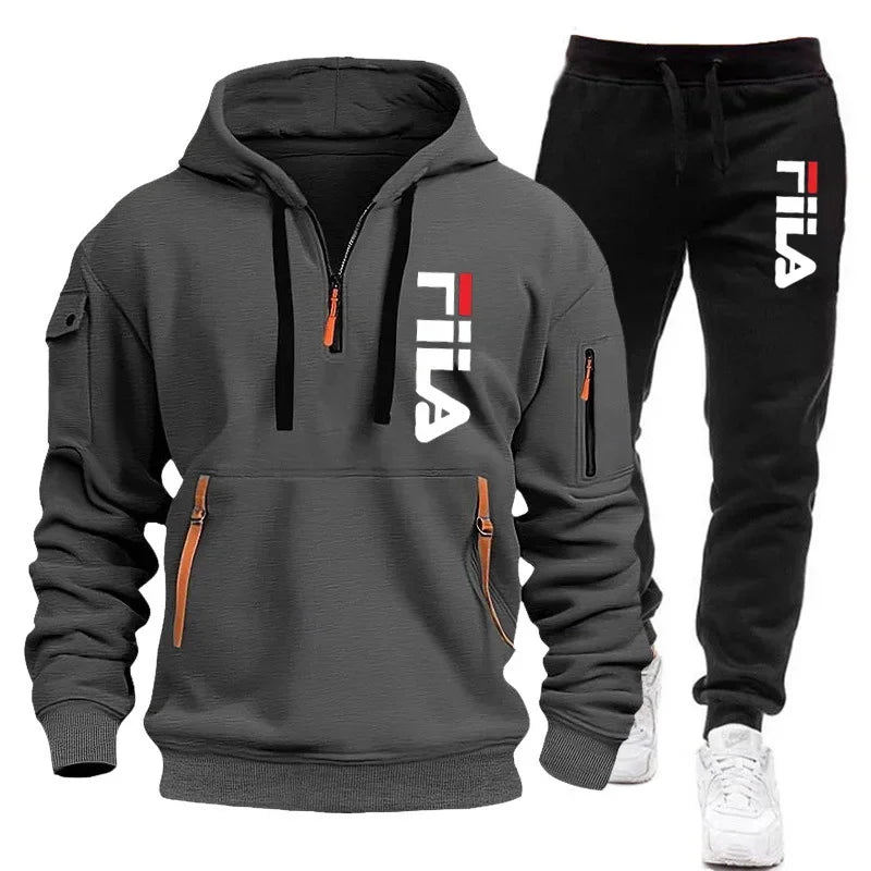 Herbst und Winter heiß begehrtes Herren-Kapuzensweatshirt + Freizeithose, zweiteiliges Outdoor-Set mit mehreren Taschen und Sporthose
