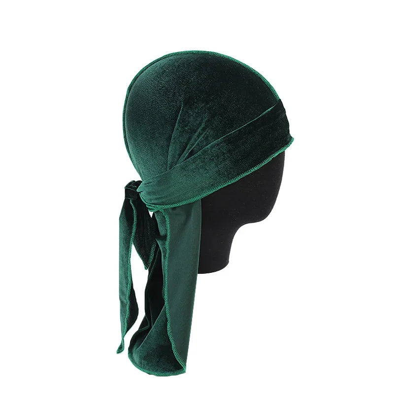 Neue Unisex Samt Durags Bandana Turban Hut Männer Frauen Atmungsaktive Lange Schwanz Piratenhüte Mütze Hip Hop Stirnband