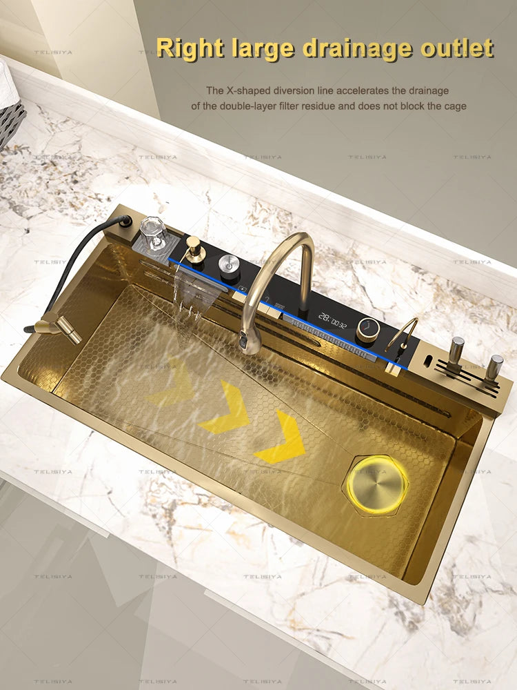 Stainless Steel Kitchen Sink Multifunctional Digital Display Waterfall Large Single Slot With Rack For Knife Wash Dish Basin