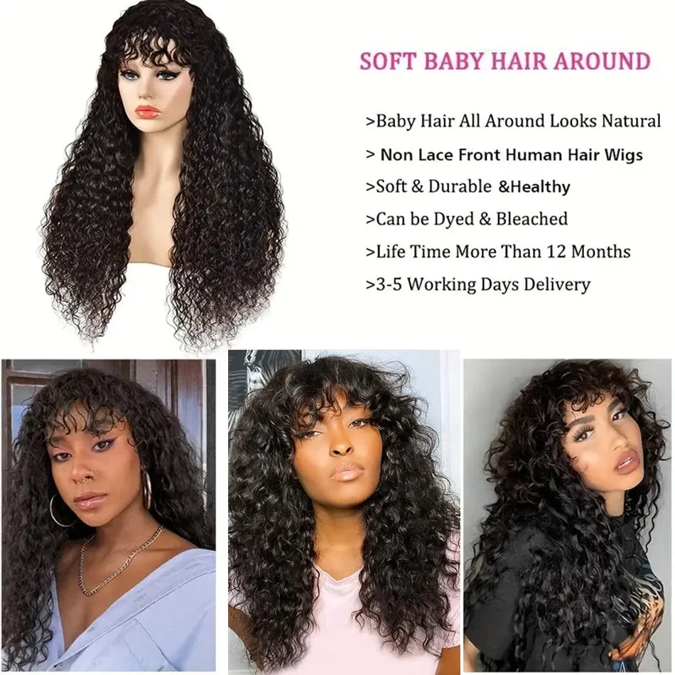 30 Zoll Water Wave Echthaarperücken mit Pony, klebefreie Pony-Perücke, Kinky Curly Bob Perücke mit Pony, vollmaschinell gefertigte Perücke, 180%