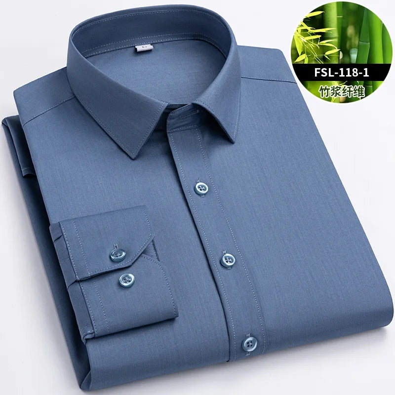 Chemise de Travail Blanche Homme en Fibre de Bambou Bleue 8XL Manches Longues Bureau Affaires Anti-rides Infroissable Décontractée