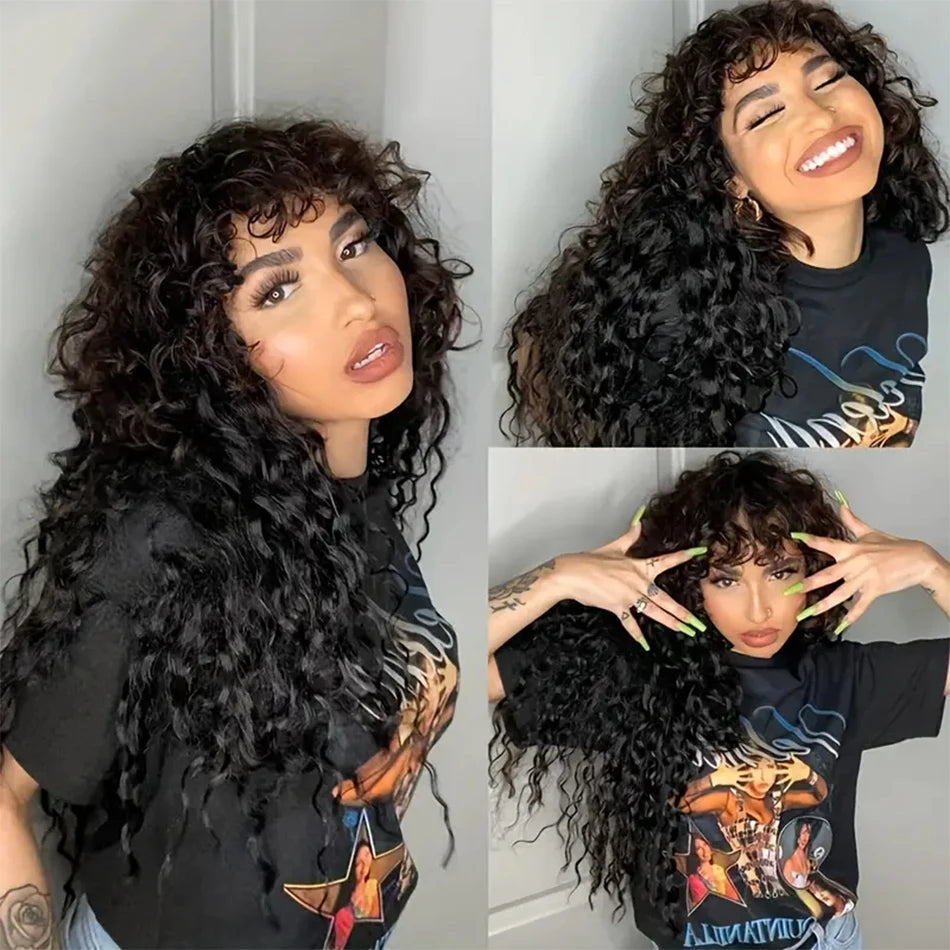 30 Zoll Water Wave Echthaarperücken mit Pony, klebefreie Pony-Perücke, Kinky Curly Bob Perücke mit Pony, vollmaschinell gefertigte Perücke, 180%