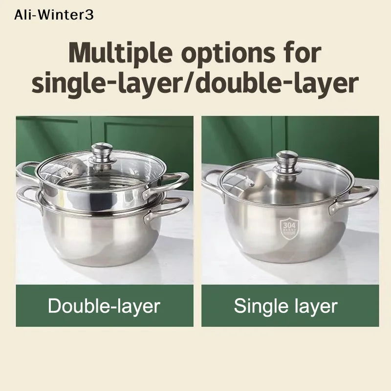 【R】Stainless Casserole Cookware Double Handle Soup Pot With Glass Cover For Induction Cooker Cooking