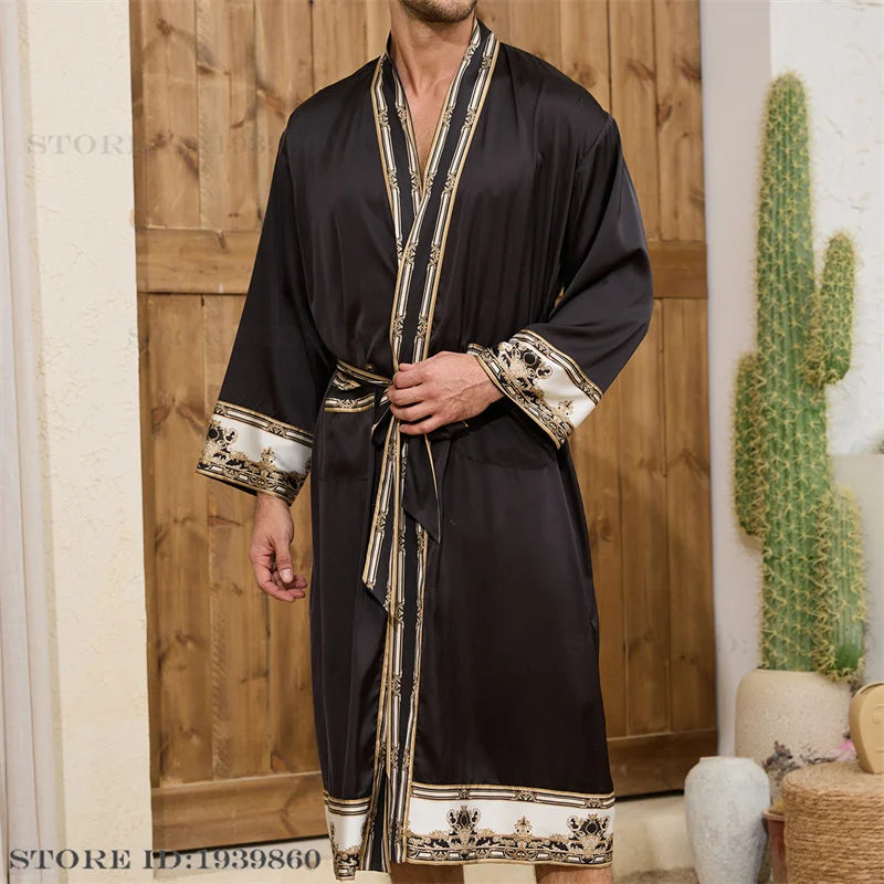 Frühling Sommer Neu Herren Schlafanzug 2-teiliges Roben-Shorts-Set Barockstil Seidensatin Kimono Bademantel Nachthemd Lose Homewear Loungewear