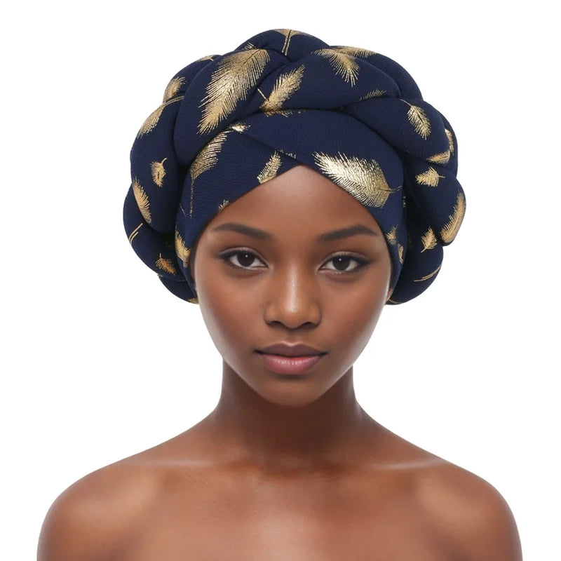 Afrikanische Bronzierung Kopfwickel Zopf Turban Kappen für Frauen Nigeria Hochzeit Geles Party Kopfbedeckung Haarteil Auto Gele Weibliche Kopfbedeckungen