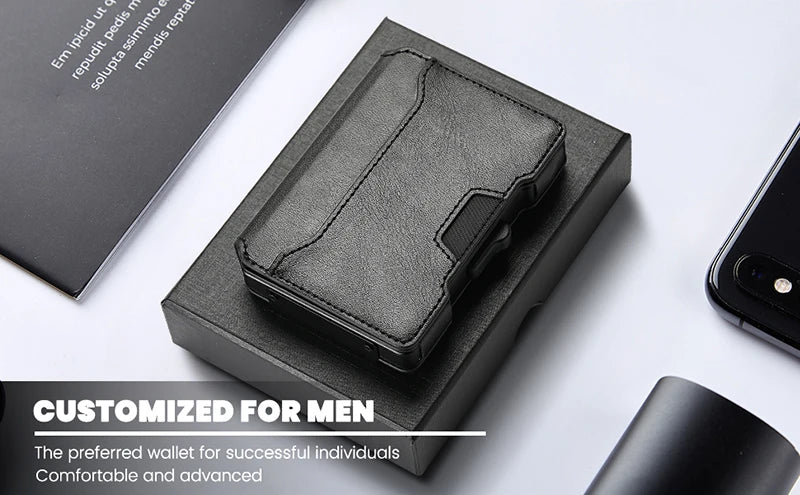 Aluminium Pop-Up-Kartenetui und Lederfächer Kreditkartenhalter RFID-blockierende Brieftasche für Herren mit Geschenkbox