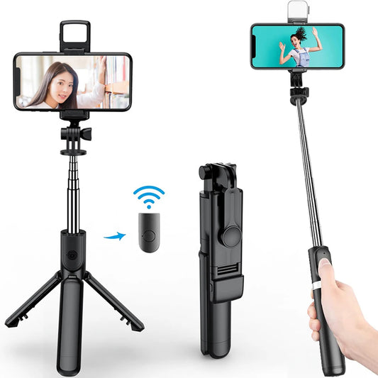 3-in-1 Bluetooth Wireless Selfie-Stativ mit Aufhelllicht, Auslösefernbedienung, tragbar, faltbar, Monopod für iPhone, Smartphone